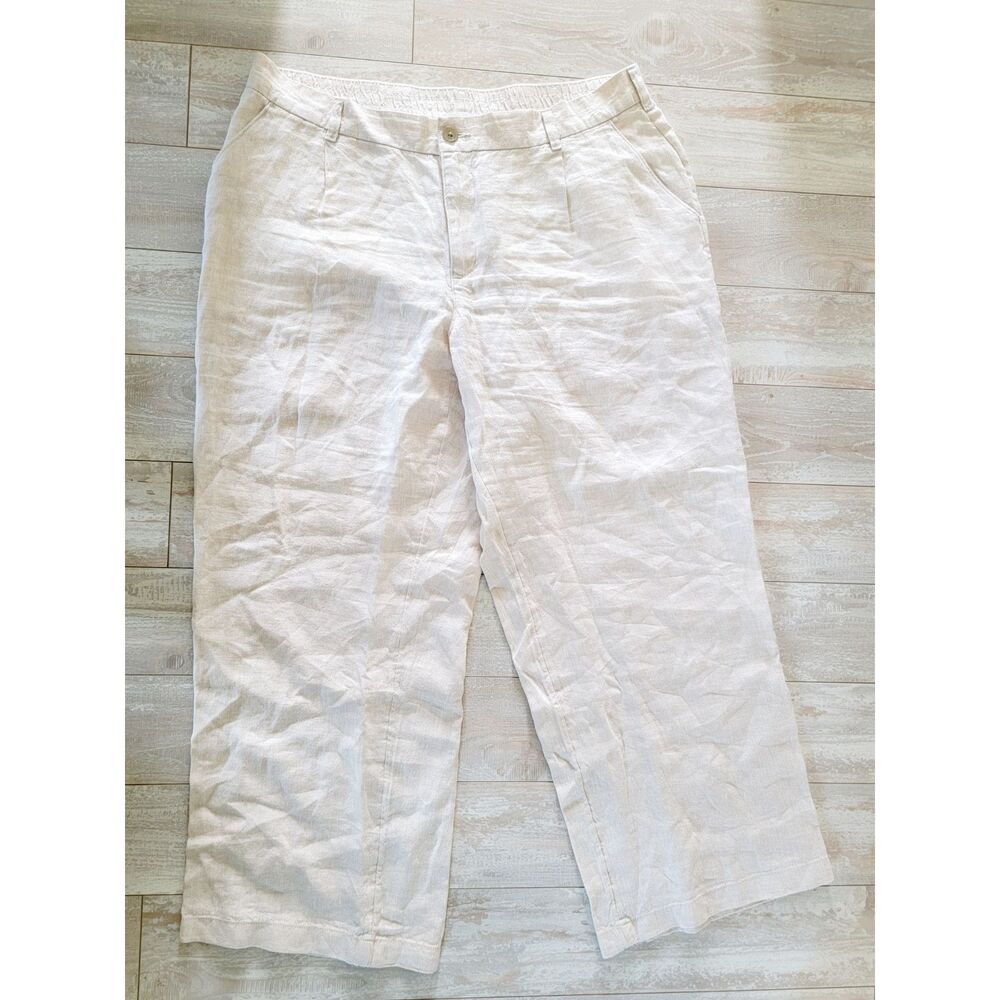 Lands End 18W High Rise Wide‎ Leg 100% Linen Pants Tan Pockets Zip Button
